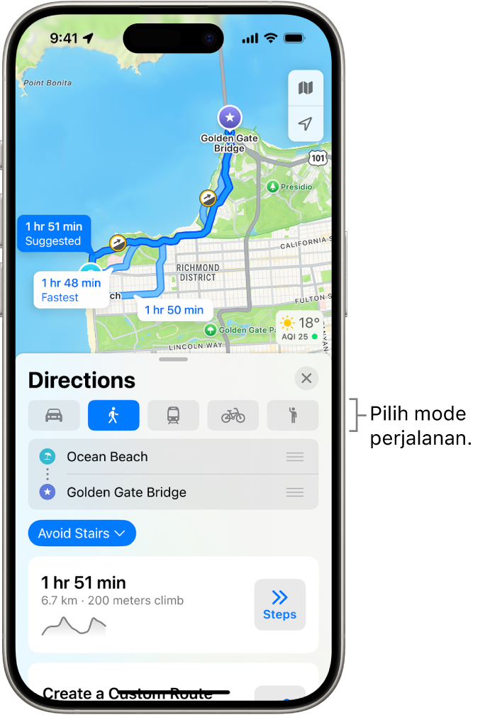 Peta menampilkan beberapa pilihan rute di antara dua lokasi, dengan tombol untuk memilih mode perjalanan lainnya, mengalihkan titik awal dan tujuan, dan melihat petunjuk arah sebagai langkah.