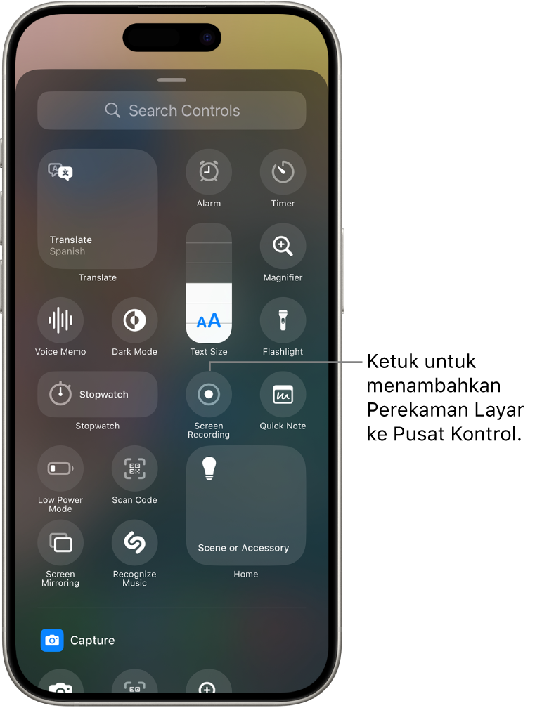 Galeri kontrol, dengan tombol Perekaman Layar di bagian tengah layar.