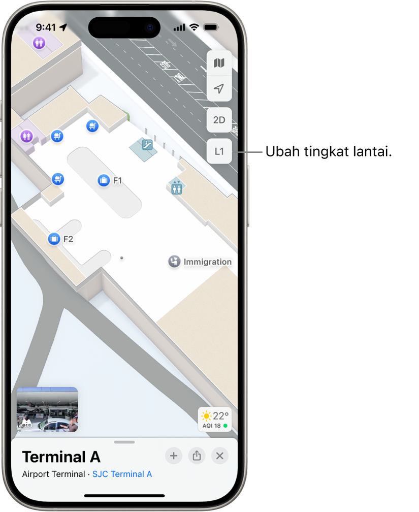 Peta dalam ruangan dari terminal bandara. Item meliputi titik pemeriksaan imigrasi, tangga, toilet, dan pertolongan pertama. Anda dapat mengubah lantai peta beberapa tingkat menggunakan tombol yang ditandai L1 (untuk Level 1).