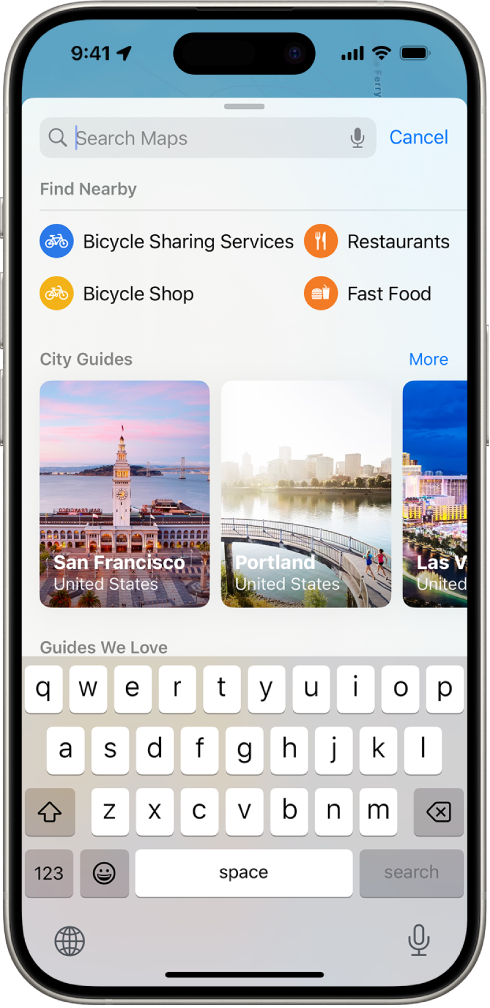 App Peta menampilkan bidang pencarian, kategori layanan di sekitar, dan panduan kota. Di bagian bawah layar terdapat papan ketik pada layar iPhone.