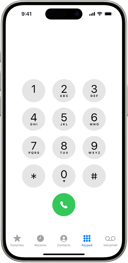 Keypad di app Telepon, menampilkan angka 1 sampai 9. Di bawahnya terdapat tombol Panggil. Di bagian bawah terdapat tombol untuk Favorit, Terbaru, Kontak, Keypad (dipilih), dan Pesan Suara.