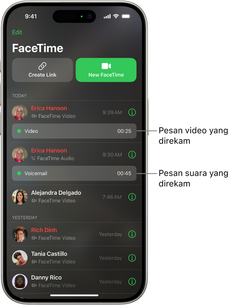 Riwayat panggilan FaceTime, dengan tautan ke pesan video yang direkam dan pesan suara.