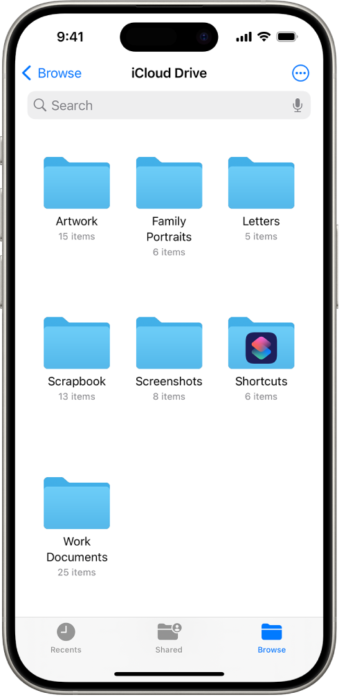 App File yang menampilkan beberapa folder iCloud Drive bernama Gambar, Potret Keluarga, Surat, Scrapbook, Tangkapan Layar, Pintasan, dan Dokumen Kantor. Di bagian bawah layar terdapat tombol untuk tab file Terbaru, file Bersama, dan Telusuri.