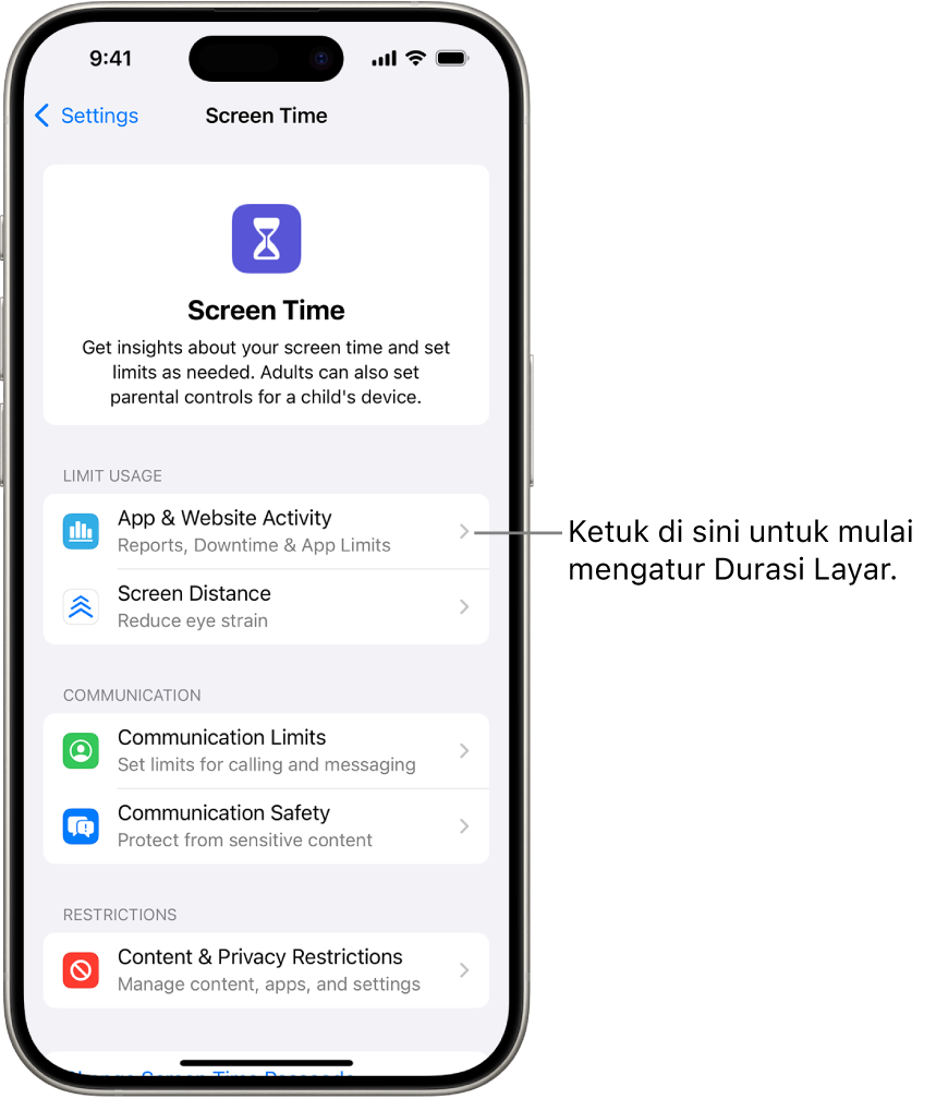 Layar untuk mengatur Durasi Layar, menampilkan tombol Aktivitas App & Situs Web.