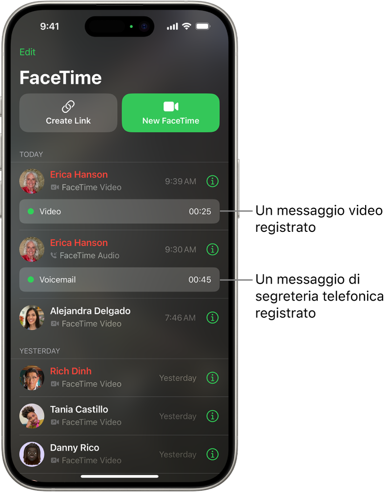 La cronologia delle chiamate FaceTime, con i link ai messaggi video e ai messaggi in segreteria registrati.