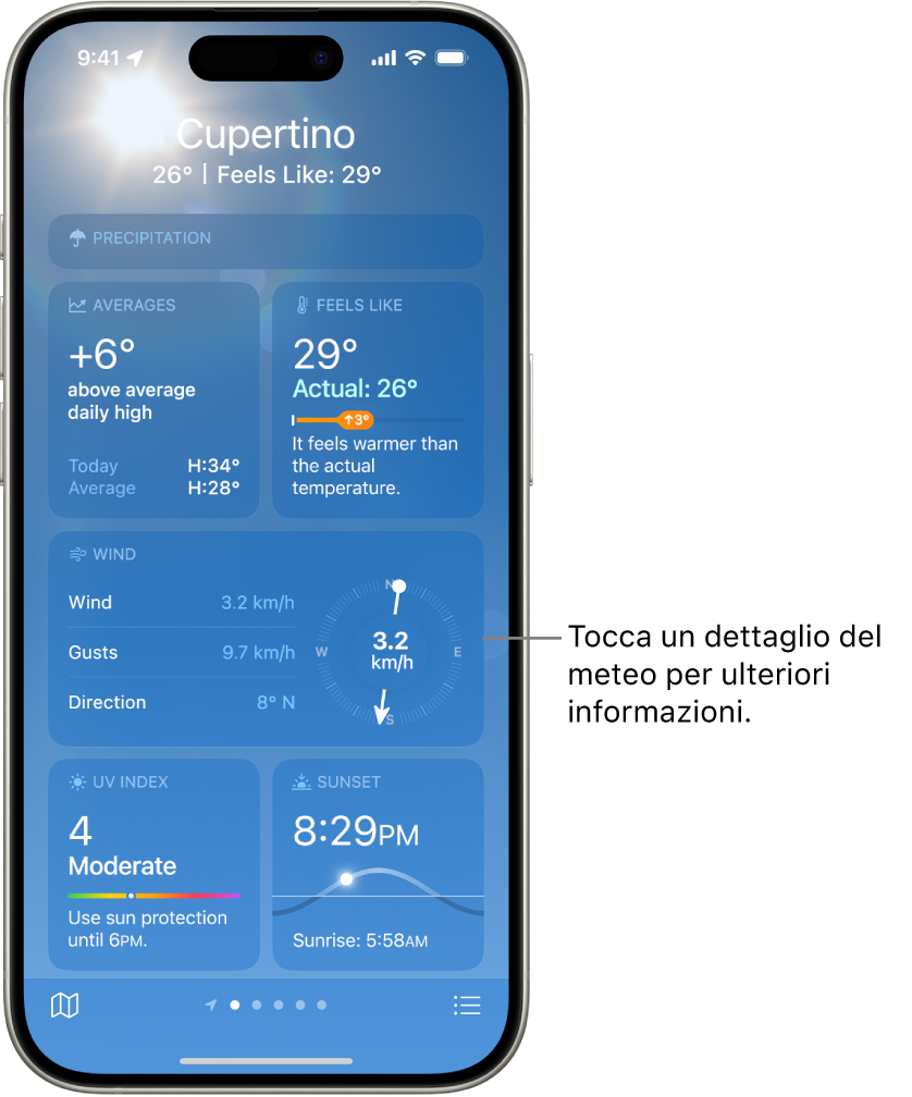 La schermata di Meteo che mostra la posizione in alto e, sotto di essa, la temperatura e le condizioni meteo attuali. Il resto della schermata mostra la qualità dell’aria, le precipitazioni, l’indice UV e l’orario del tramonto.