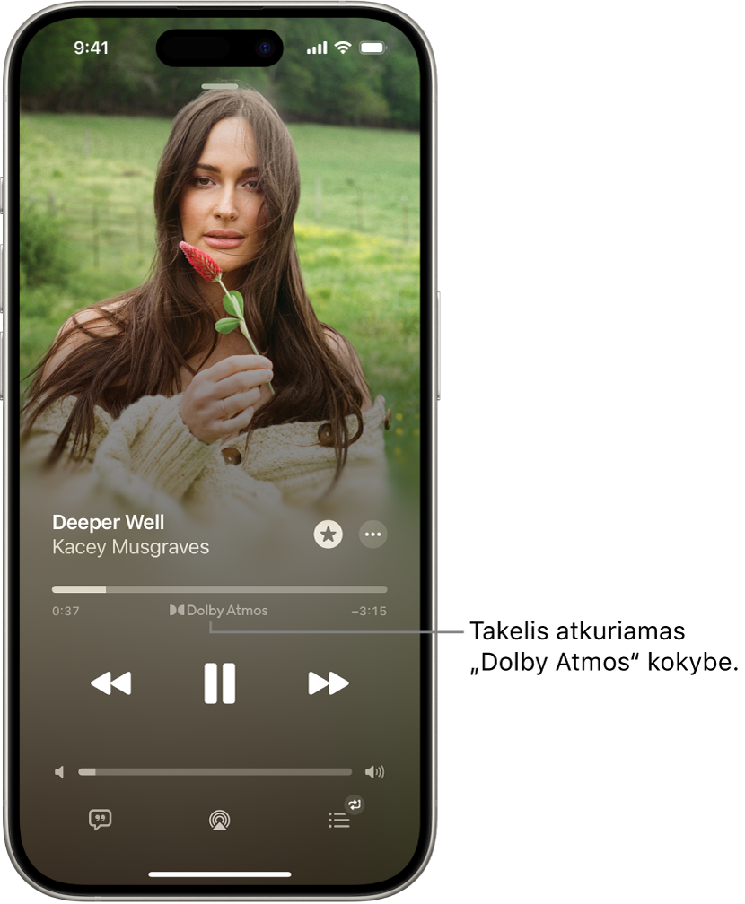 Ekranas „Dabar leidžiama“, kuriame rodoma leidžiamo takelio „Dolby Atmos“ formato piktograma.