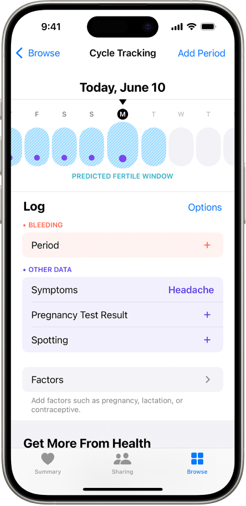 Ekrāns Cycle Tracking ar laika skalu netālu no augšdaļas, kur redzams aprēķinātais auglīgais periods. Zem laika skalas ir iespējas pievienot informāciju par menstruācijām, simptomiem un ne tikai.