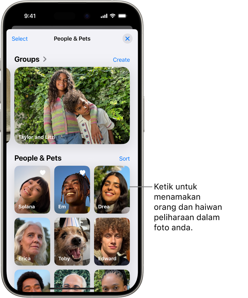 Koleksi Orang & Peliharaan dalam app Foto. Kumpulan kelihatan di bahagian atas dan orang serta haiwan peliharaan disenaraikan di bawah