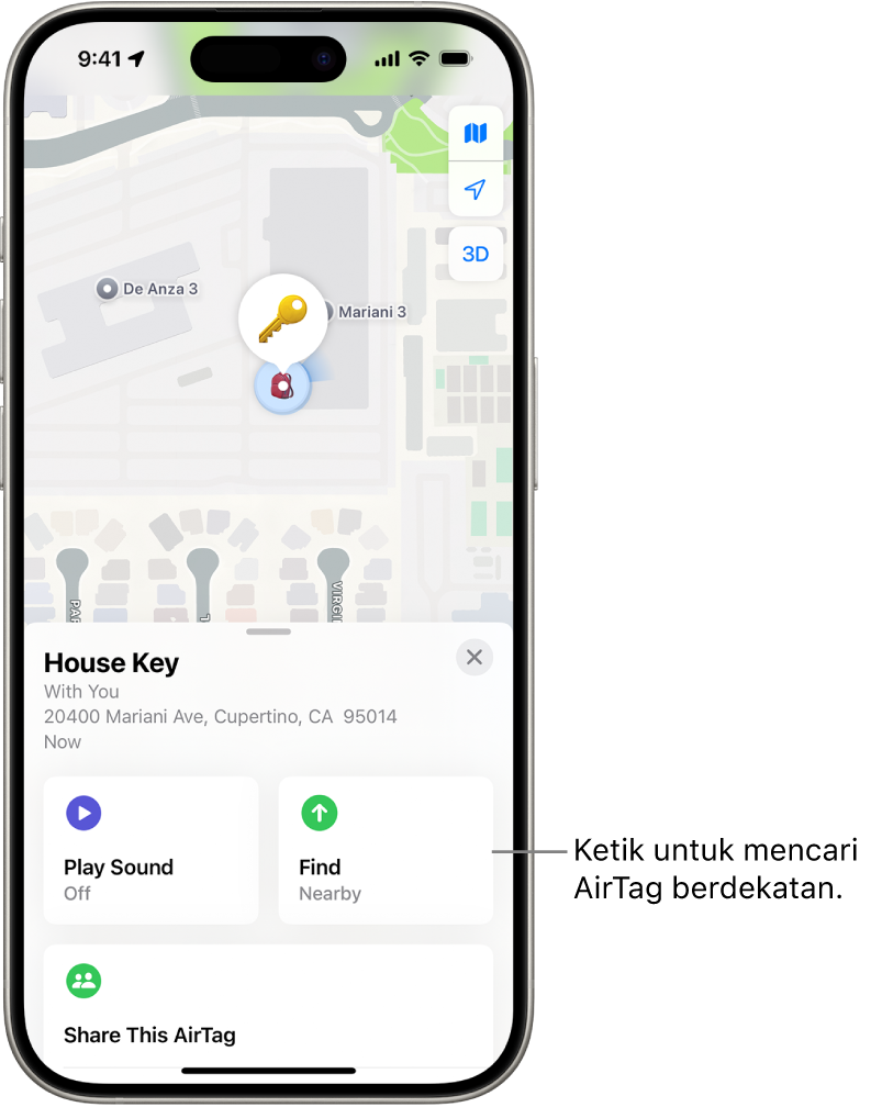 App Cari terbuka, menunjukkan kunci Danny di Taman Golden Gate. Ketik butang Cari untuk mencari AirTag berdekatan.