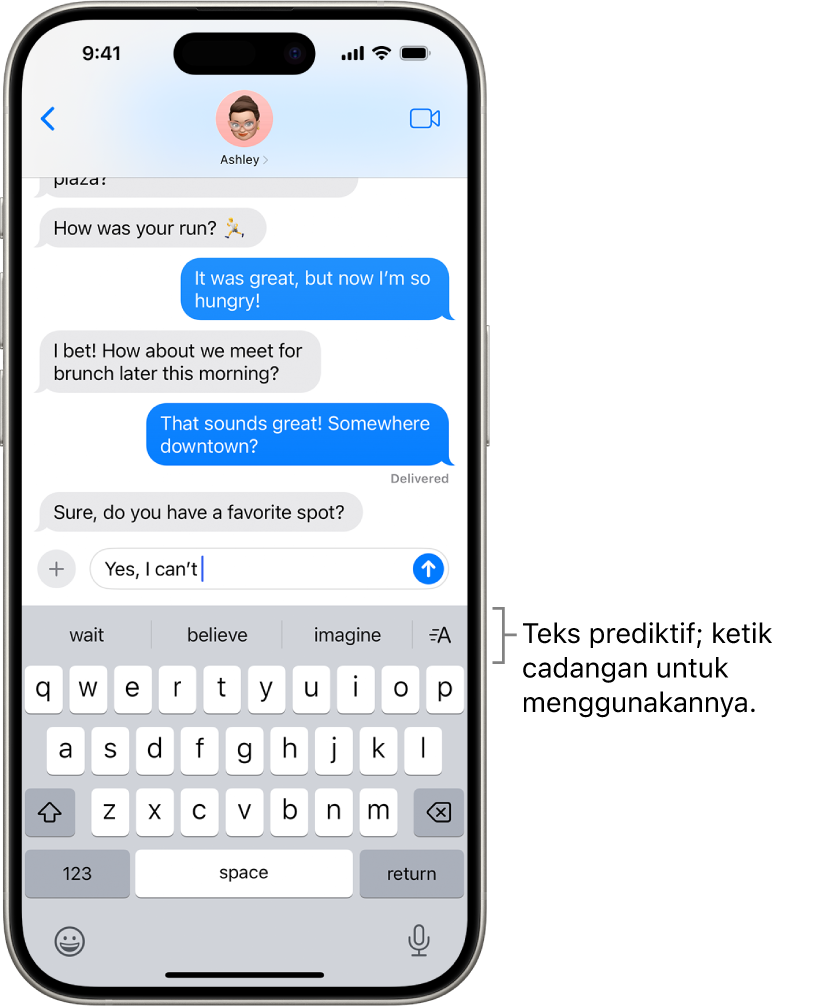 Papan kekunci atas skrin terbuka dalam app Mesej. Teks dimasukkan dalam medan teks dan di atas papan kekunci ialah cadangan teks ramalan untuk perkataan seterusnya.