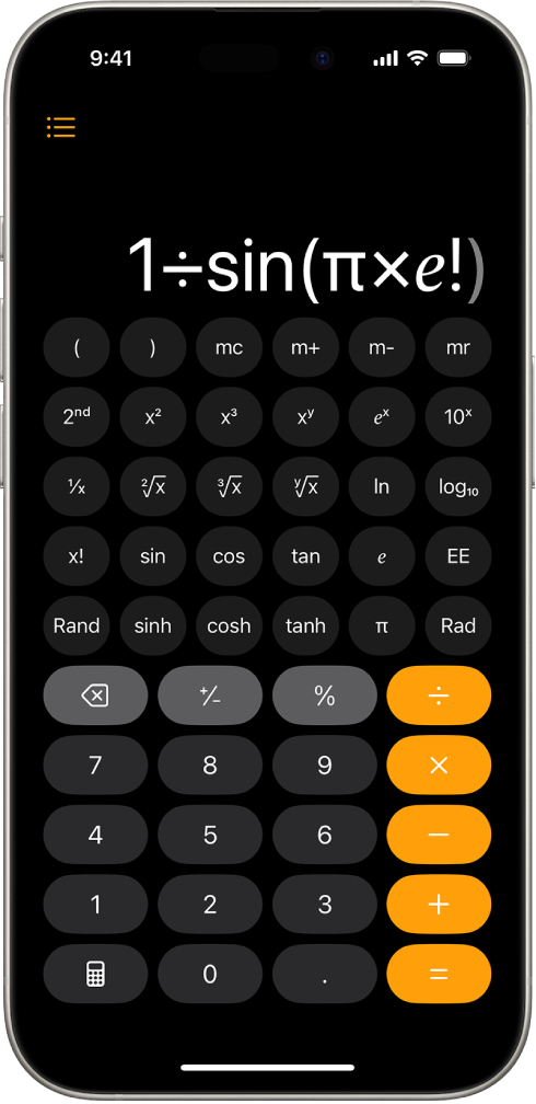 iPhone som viser den vitenskapelige kalkulatoren med eksponentielle, logaritmiske og trigonometriske funksjoner.