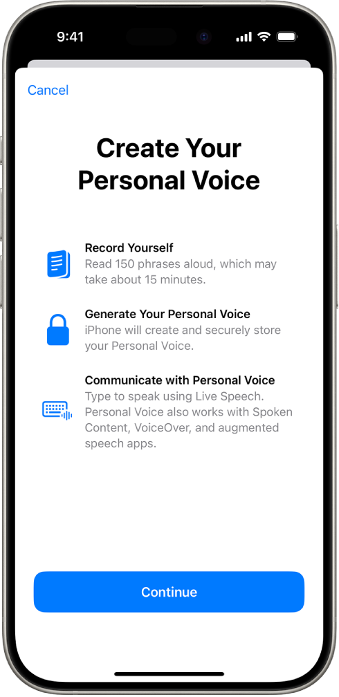 Um iPhone com informações sobre como criar uma voz pessoal.