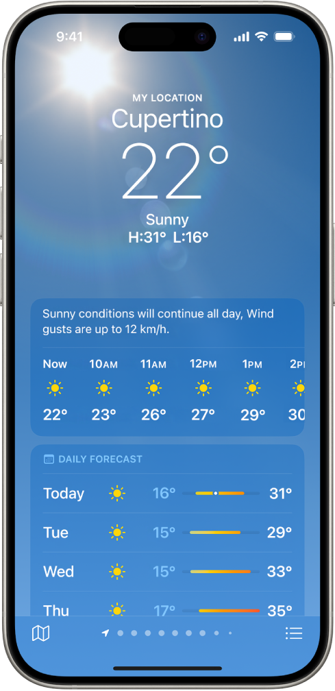 Tela do app Tempo mostrando, de cima para baixo: localização, temperatura atual, temperaturas máxima e mínima do dia, previsão de hora em hora e previsão de 10 dias. Uma linha de pontos na parte inferior central mostra quantos lugares há na lista de lugares. No canto inferior direito está o botão Lista de Localizações e, no canto inferior esquerdo, o botão Mostrar Mapa.