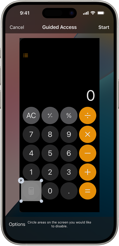 Um ecrã do iPhone mostra o acesso guiado a ser configurado. O iPhone está temporariamente bloqueado apenas na aplicação Calculadora e um dos botões da aplicação foi desativado.