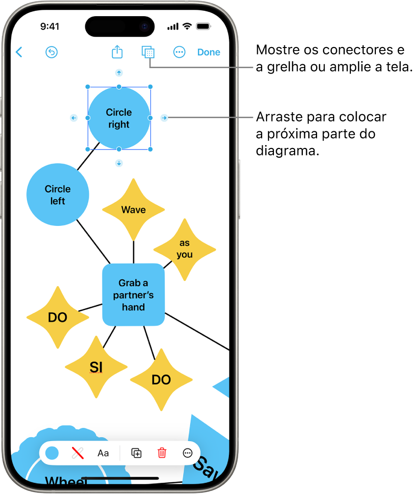 Um diagrama num quadro Freeform, com os conectores a mostrarem uma forma selecionada e as ferramentas de formatação da forma visíveis na parte inferior do ecrã.