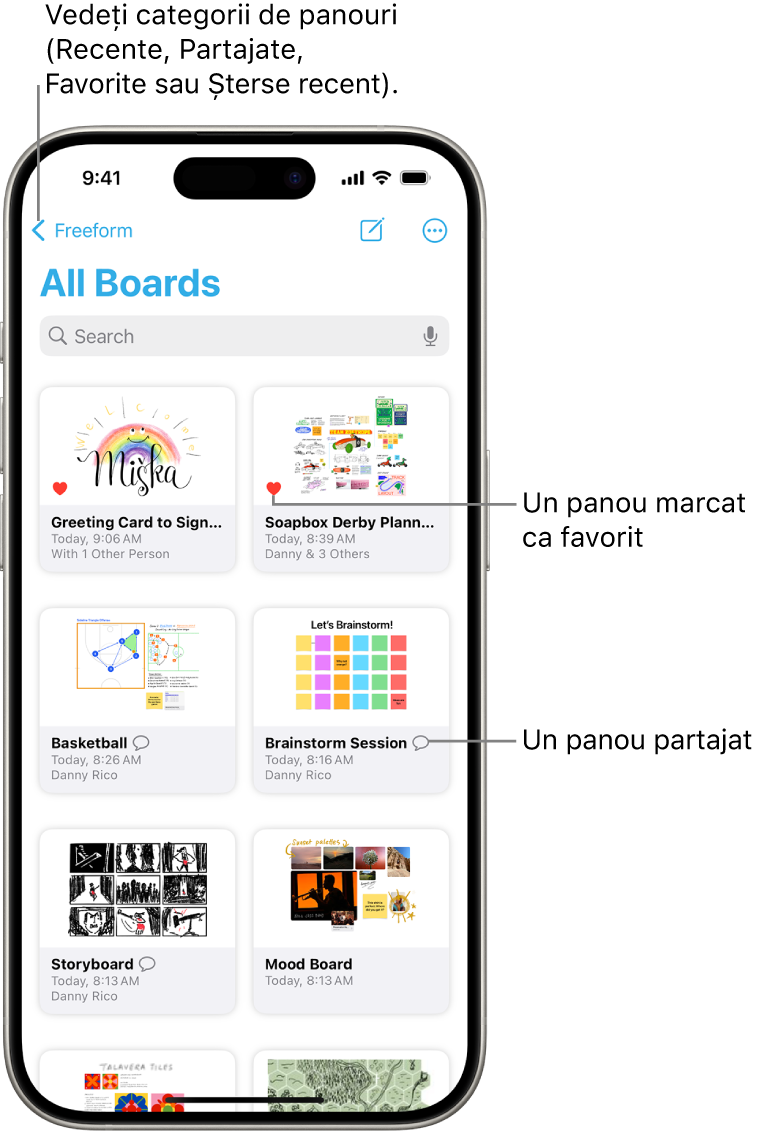 Este deschis ecranul Toate panourile din Freeform, afișând opt miniaturi de panouri.