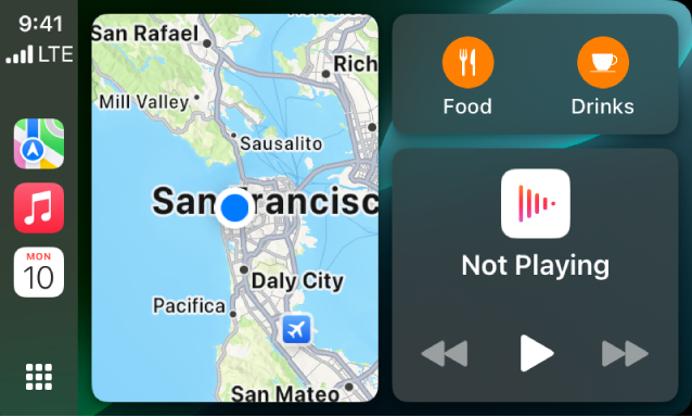 Një CarPlay Dashboard që tregon Maps, Music dhe Messages në Sidebar. Në të djathtë është një hartë e Apple Park, një dritare navigimi dhe një dritare e asaj që po luhet tani.