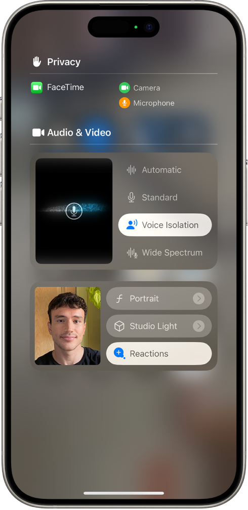 Подешавања за Control Center за FaceTime позиве, у којима су приказана подешавања звука Automatic, Standard, Voice Isolation и Wide Spectrum.