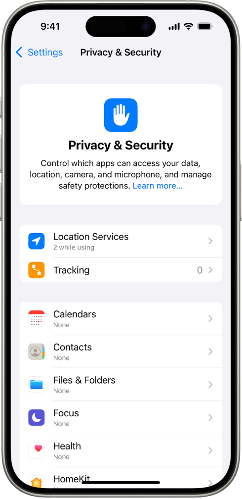 Екран Privacy & Security са подешавањима за Location Services и Tracking, као и подешавањима за одабир апликација које могу да приступе вашим подацима.