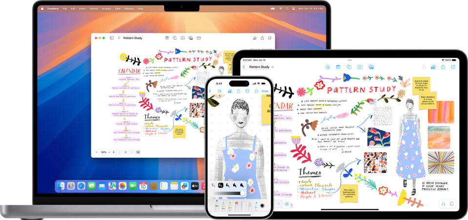 Mac, iPad и iPhone на којима је отворена иста Freeform табла.