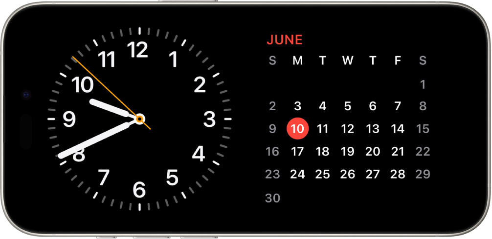 iPhone vänd horisontellt. Till vänster på skärmen finns en klocka och till höger på skärmen visas datumet.