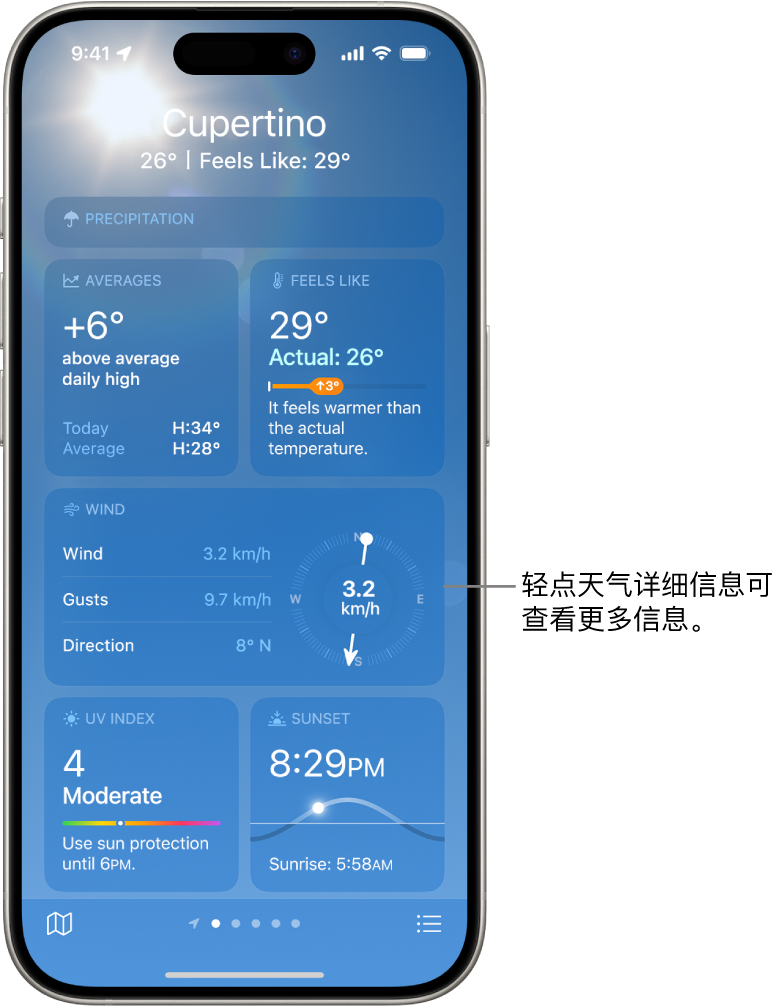 “天气”屏幕，顶部显示位置，其下方显示当前气温和天气状况。剩余屏幕包含这些元素的天气详细信息：空气质量、降水概率、紫外线指数和日落。