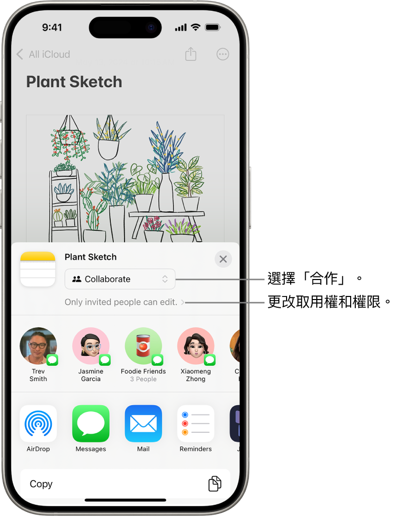 在「備忘錄」中繪圖的合作邀請，顯示分享選項為「合作」，而取用和權限設定為「只有你邀請的對象才能編輯」。其下方橫列由四個可能的收件者組成，其中包含一個群組。底部橫列提供分享備忘錄的不同方式：AirDrop、「訊息」、「郵件」和「無邊記」。