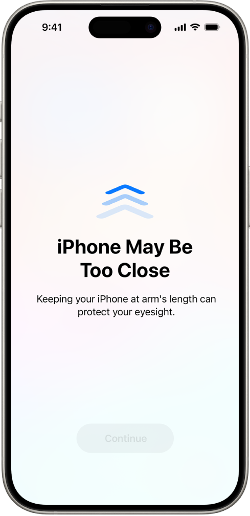 畫面顯示警告你的 iPhone 拿得太近，應該移遠一點以保護視力健康。警告會覆蓋螢幕，阻止你繼續使用。當你將 iPhone 移到安全距離，就會出現「繼續」按鈕。