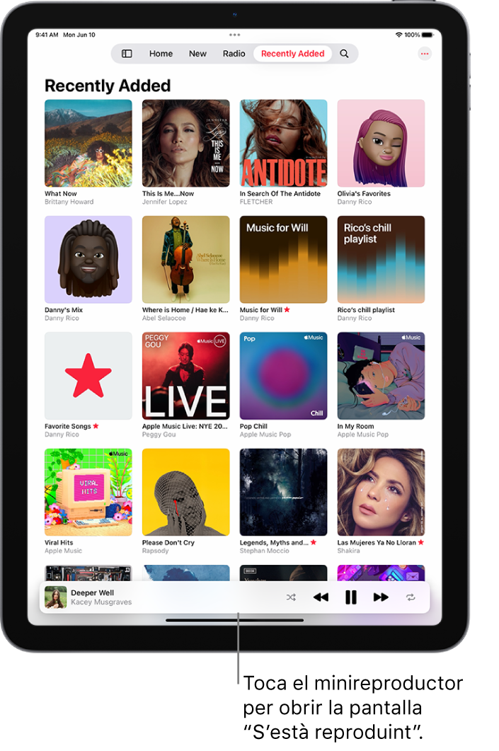 La pantalla “Afegit fa poc” de la biblioteca, on es mostra el minireproductor a prop de la part inferior. El minireproductor mostra el títol de la cançó que s'està reproduint. Els botons “Posa en pausa” i “Pista següent” són a la dreta del títol de la cançó.
