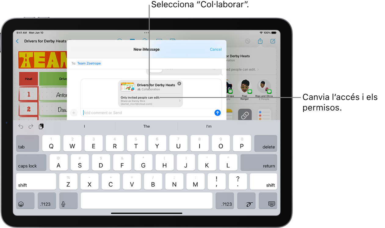 Una invitació de col·laboració a un dibuix de l’app Notes, que mostra l’opció “Col·labora” com a opció per compartir i “Només qui convidis podrà editar-ho” com a configuració d’accés i de permisos. A sota, quatre destinataris possibles formen una fila, inclòs un grup. A l’última fila s’ofereixen maneres diferents de compartir la nota: AirDrop, Missatges, Mail i Freeform.