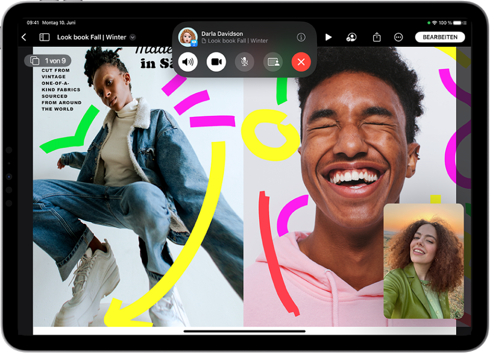 Ein FaceTime-Anruf mit einer SharePlay-Sitzung zeigt Apple „TV+“-Videoinhalte, die im Anruf geteilt werden. Die FaceTime-Steuerelemente befinden sich oben im Bildschirm, das Video wird unmittelbar unter den Steuerelementen wiedergegeben und die Steuerelemente für die Wiedergabe sind unten im Bildschirm zu sehen.