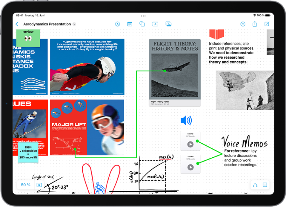 Ein Freeform-Board mit Bildern, Sprachmemos, Handschrift, Notizzetteln und Dateien.