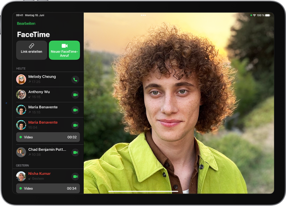 Der Bildschirm zum Tätigen eines FaceTime-Anrufs mit der Taste „Neuer FaceTime-Anruf“ zum Starten eines FaceTime-Anrufs.