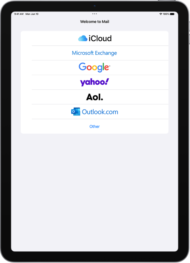 The Add Account screen, with options to choose an email account type, showing iCloud, Microsoft Exchange, Google, Yahoo, AOL, and Other Mail Account.