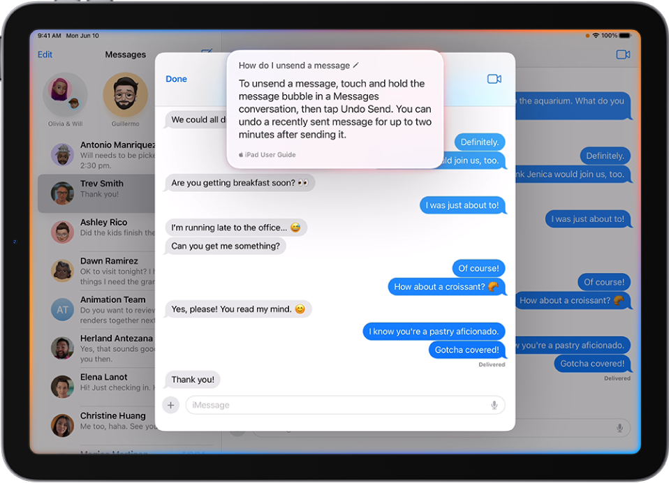 An iPad showing a conversation in the Messages app. A Siri request appears at the top of the screen.