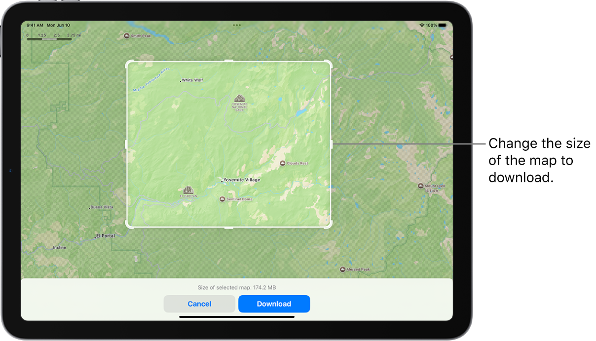 An iPad with a map of a national park. The park is framed by a rectangle with handles, which can be moved to change the size of the map to download. The selected map’s download size is indicated near the bottom of the map. The Cancel and Download buttons are at the bottom of the screen.