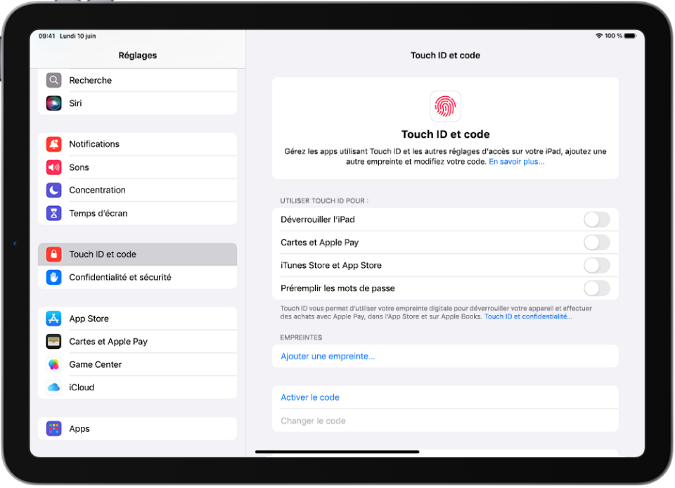 Écran affichant les réglages de Touch ID et code, avec des options permettant d’ajouter une empreinte et d’activer le code.