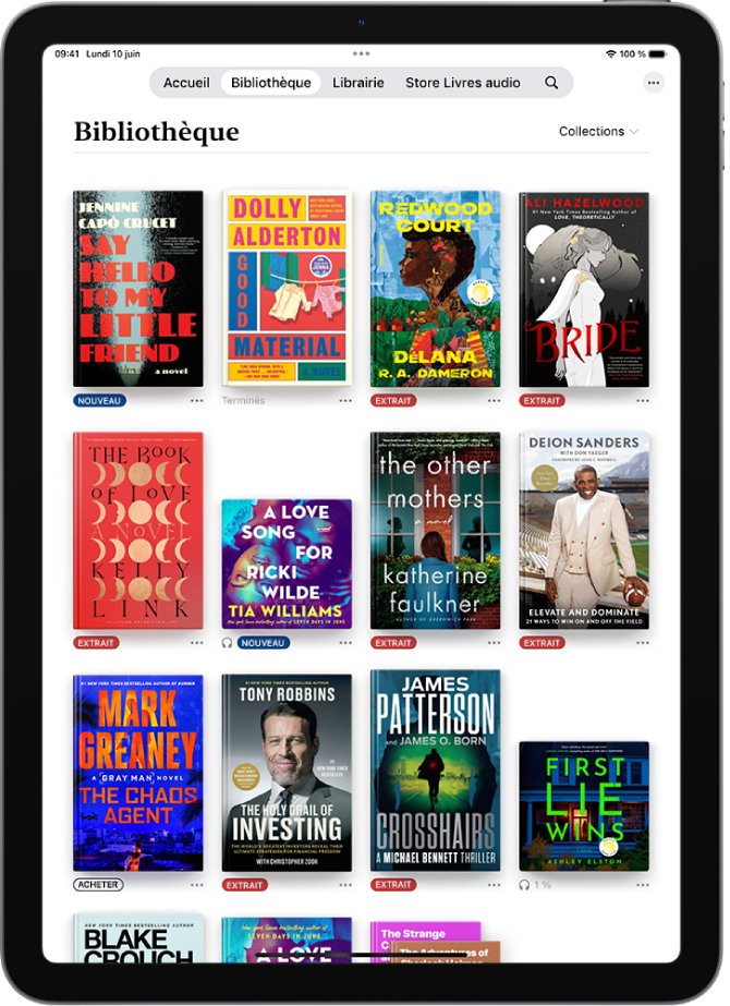 L’écran Bibliothèque dans l’app Livres.