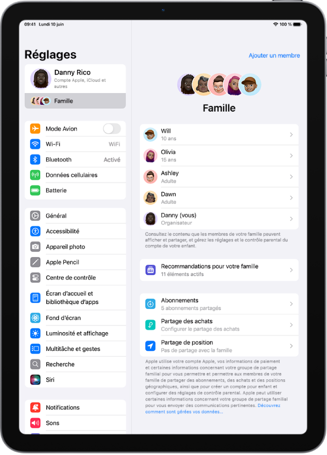 Écran Famille dans Réglages. Jusqu’à cinq membres d’une famille sont répertoriés au-dessus des fonctionnalités partagées.