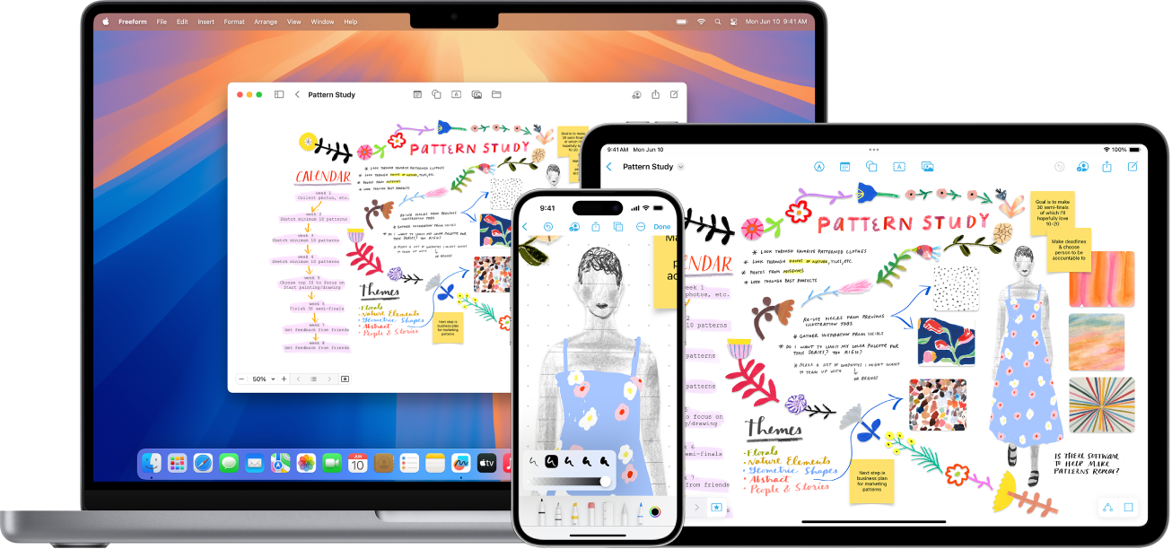 동일한 Freeform 보드가 열려 있는 Mac, iPad 및 iPhone.