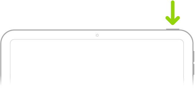 Zaļa bultiņa rāda uz pogu iPad ierīces augšējā labajā sānā.