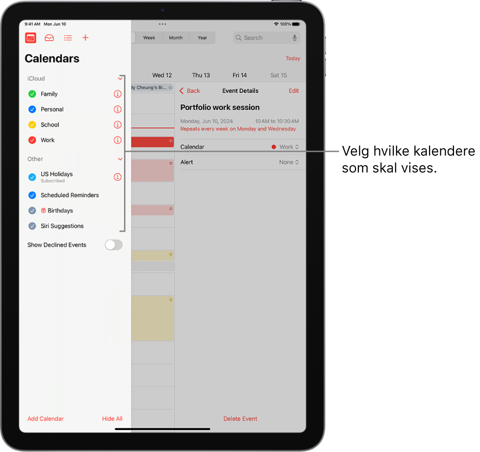 Kalenderlisten med hakemerker som indikerer hvilke kalendere som er aktive. Ferdig-knappen for å lukke listen er øverst til høyre. Legg til kalender-knappen er nederst til venstre.