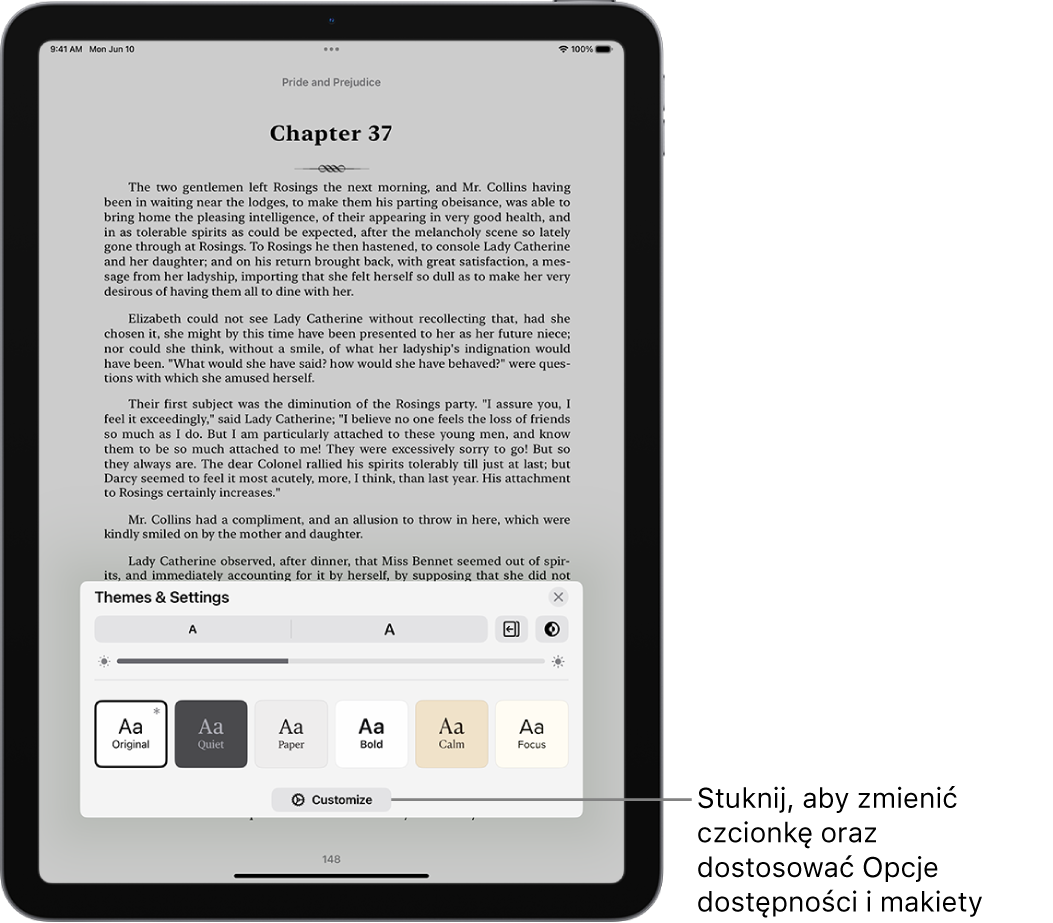 Strona książki w aplikacji Książki. Opcje Motywy i ustawienia, zawierające narzędzia pozwalające zmieniać wielkość czcionki, przewijanie widoku, styl odwracania strony, jasność oraz style czcionki.