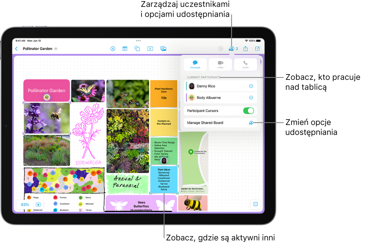 Udostępniana tablica friform na iPadzie z otwartym menu współpracy. Miejsce, w którym inny użytkownik pracuje na tablicy, oznaczone jest purpurowymi ikonami zaznaczenia.