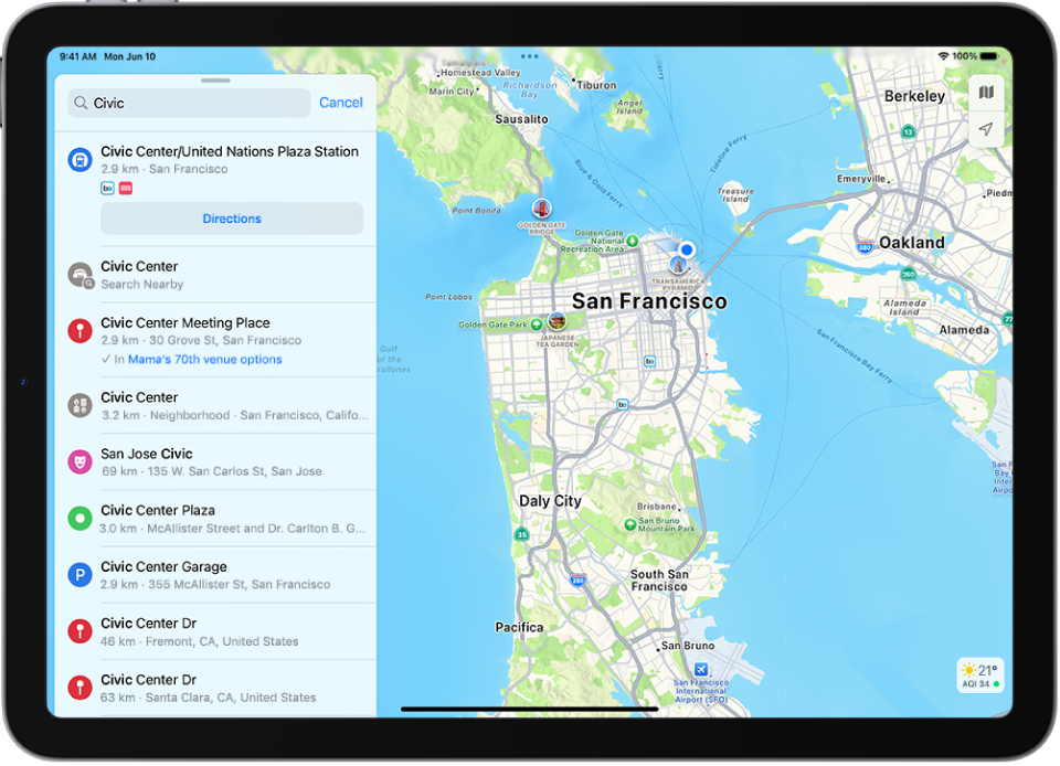 O app Mapas mostrando o mapa de uma área. O campo de busca está acima à esquerda, com resultados de uma busca abaixo.