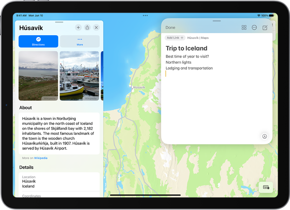 Быстрая заметка в окне наложена на карту Исландии. В заметке содержится текст, доступна возможность добавить ссылку на карту.