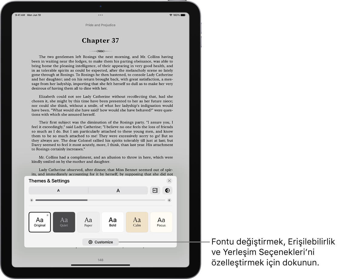 Kitaplar uygulamasındaki bir kitabın sayfası. Temalar ve Ayarlar seçenekleri; font puntosu, kaydırılan görüntü, sayfa çevirme stili, parlaklık ve font stilleri denetimlerini gösteriyor.