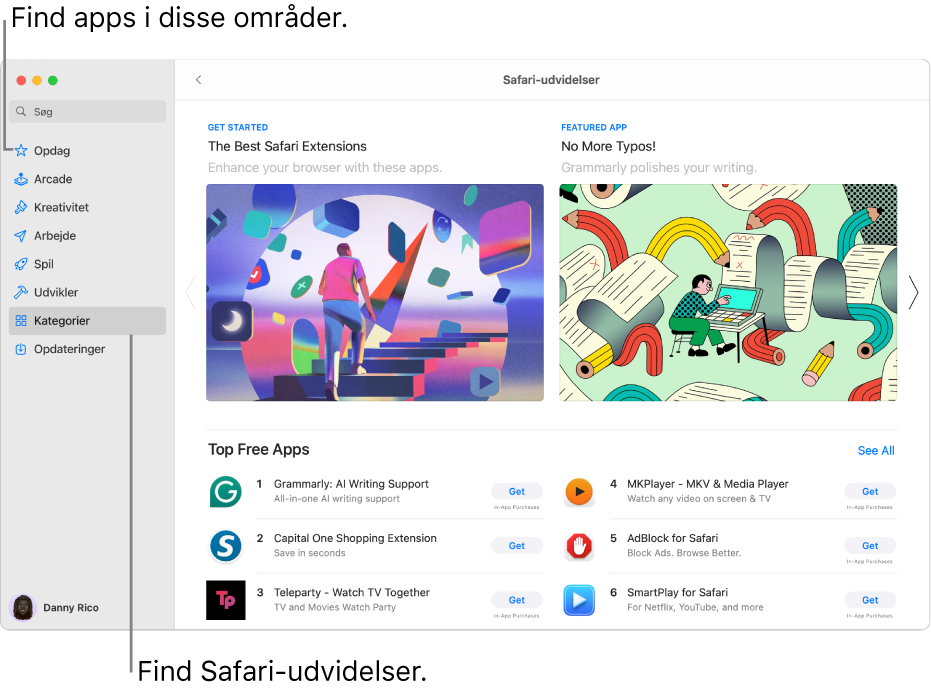 Siden med Safari-udvidelser i Mac App Store. Indholdsoversigten til venstre indeholder links til andre sider: Discover, Arcade, Create, Work, Play, Develop, Categories og Updates. Til højre vises de tilgængelige Safari-udvidelser.