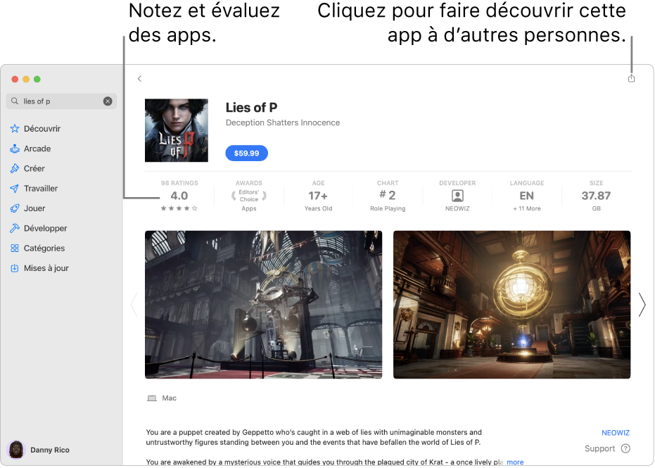 Notes des clients pour une app de l’App Store.